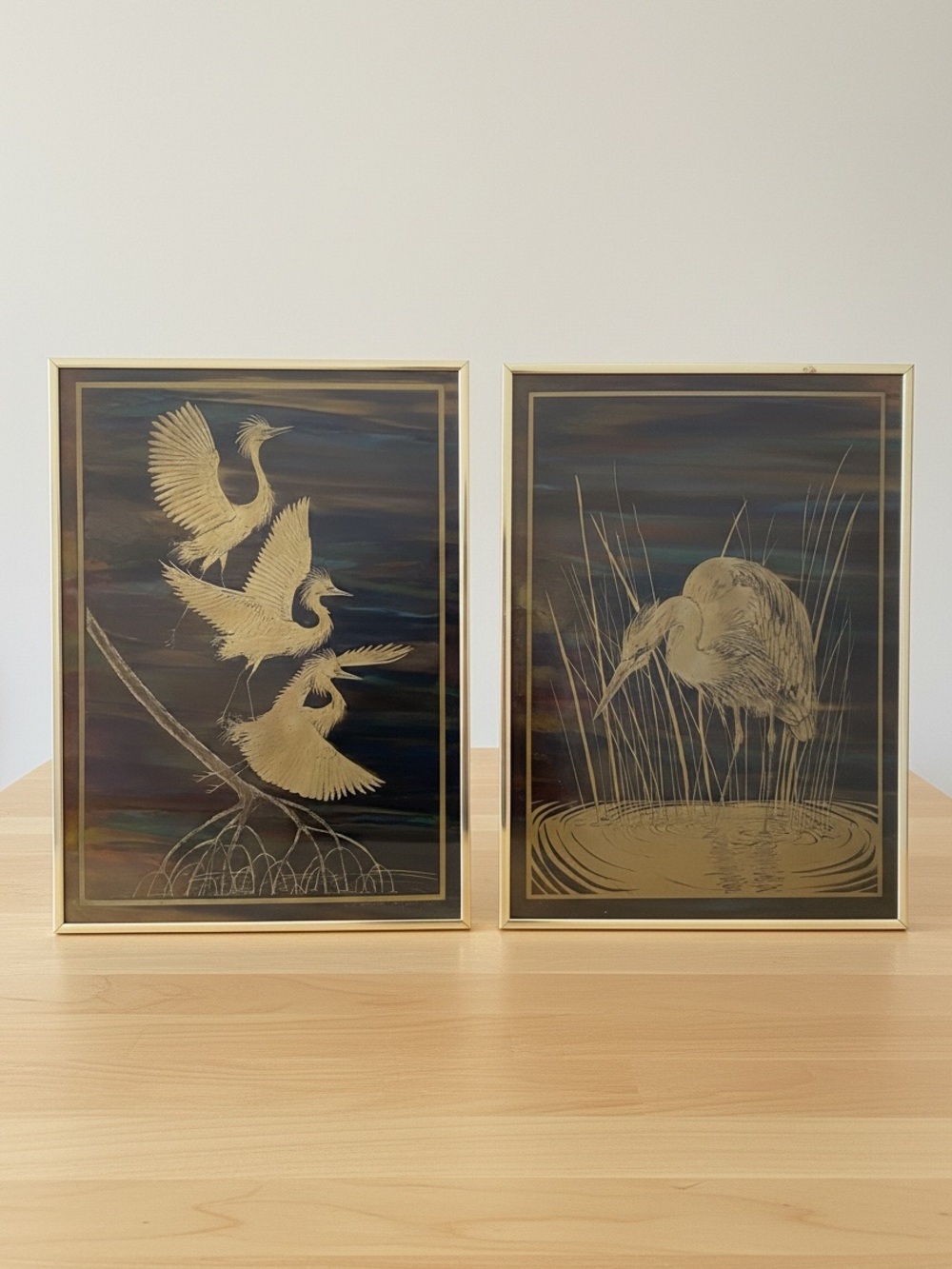 Retro vintage 1980s copper etching bird heron frames bundle of two frames